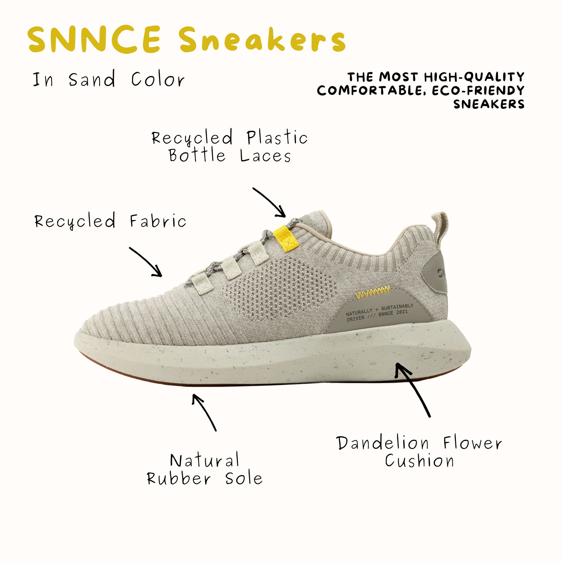 SNNCE Sneakers Tabi Womens Side View with caption: Recycled Plastic Bottle Laces, Recycled Fabric, Natural Rubber Sole, Dandelion Flower Cushion