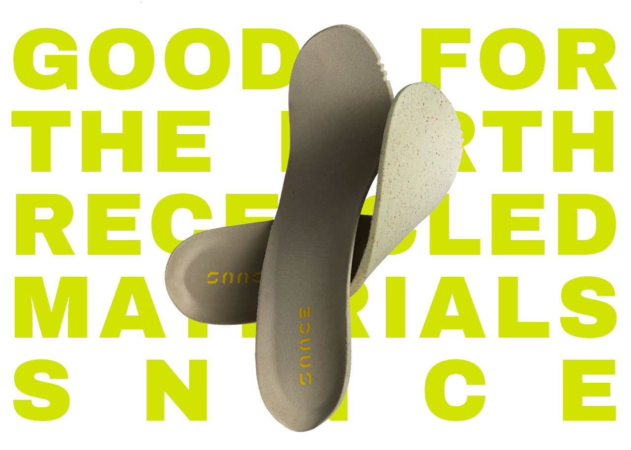 SNNCE insoles floating in front of text that says Good for the Earth Recycled Materials SNNCE